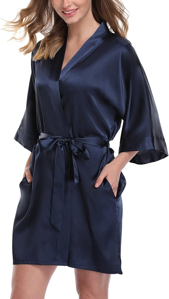 Women's Pure Color Satin Kimono Robe Short Bridesmaids Robe Dressing Gown | Amazon (US)