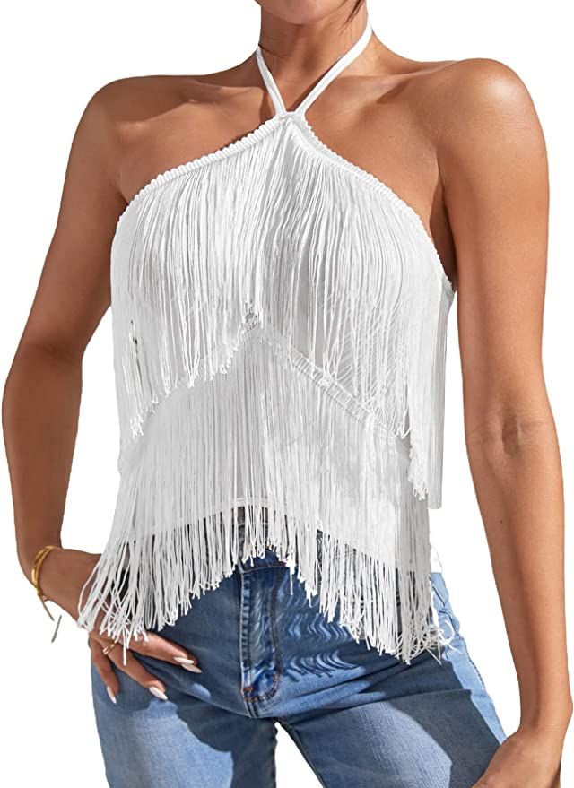 SheIn Women's Fringe Halter Tops Sleeveless Backless Solid Cami Top Camisole | Amazon (US)