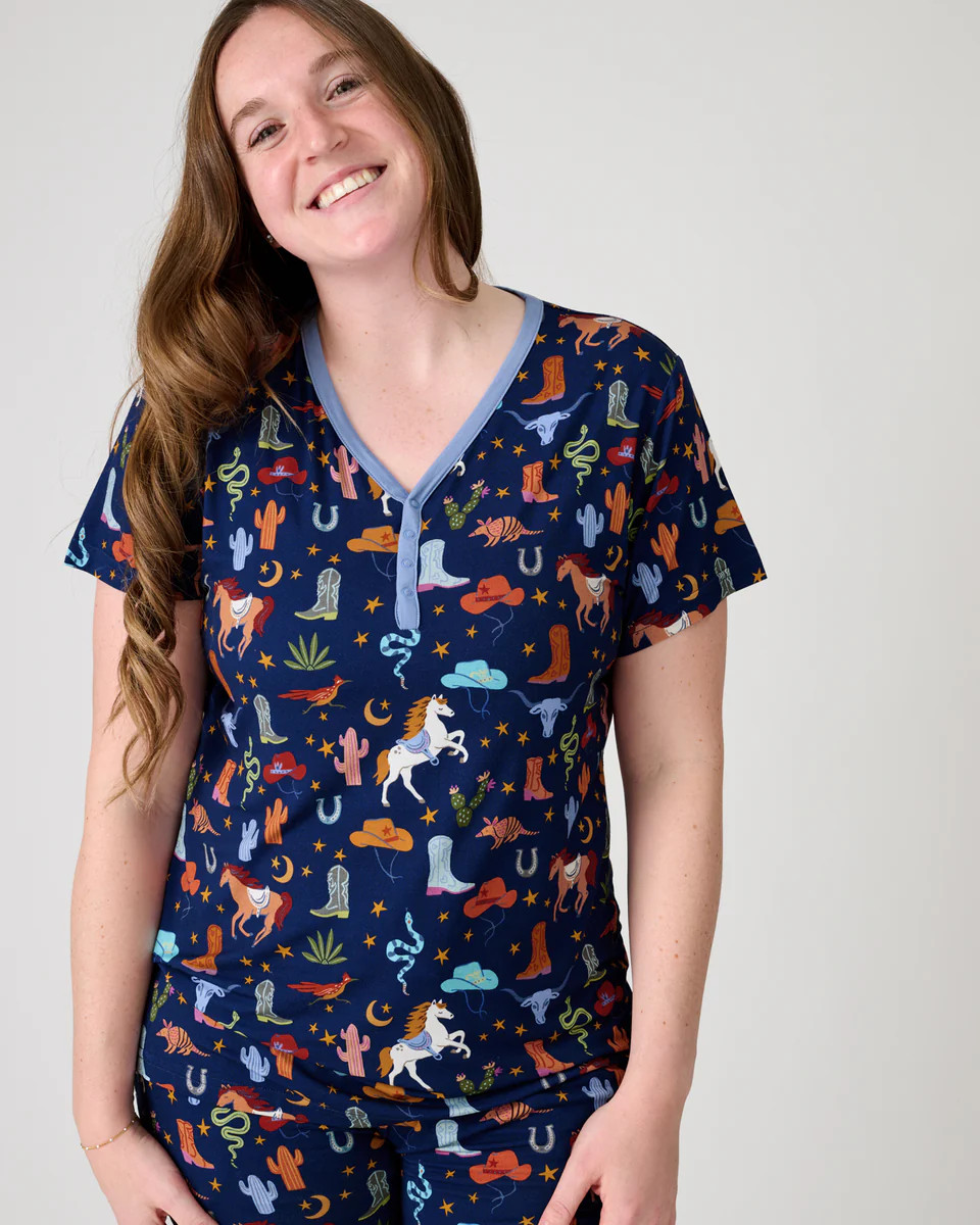 Blue Rancher Roundup Women's Short Sleeve Pajama Top | Little Sleepies