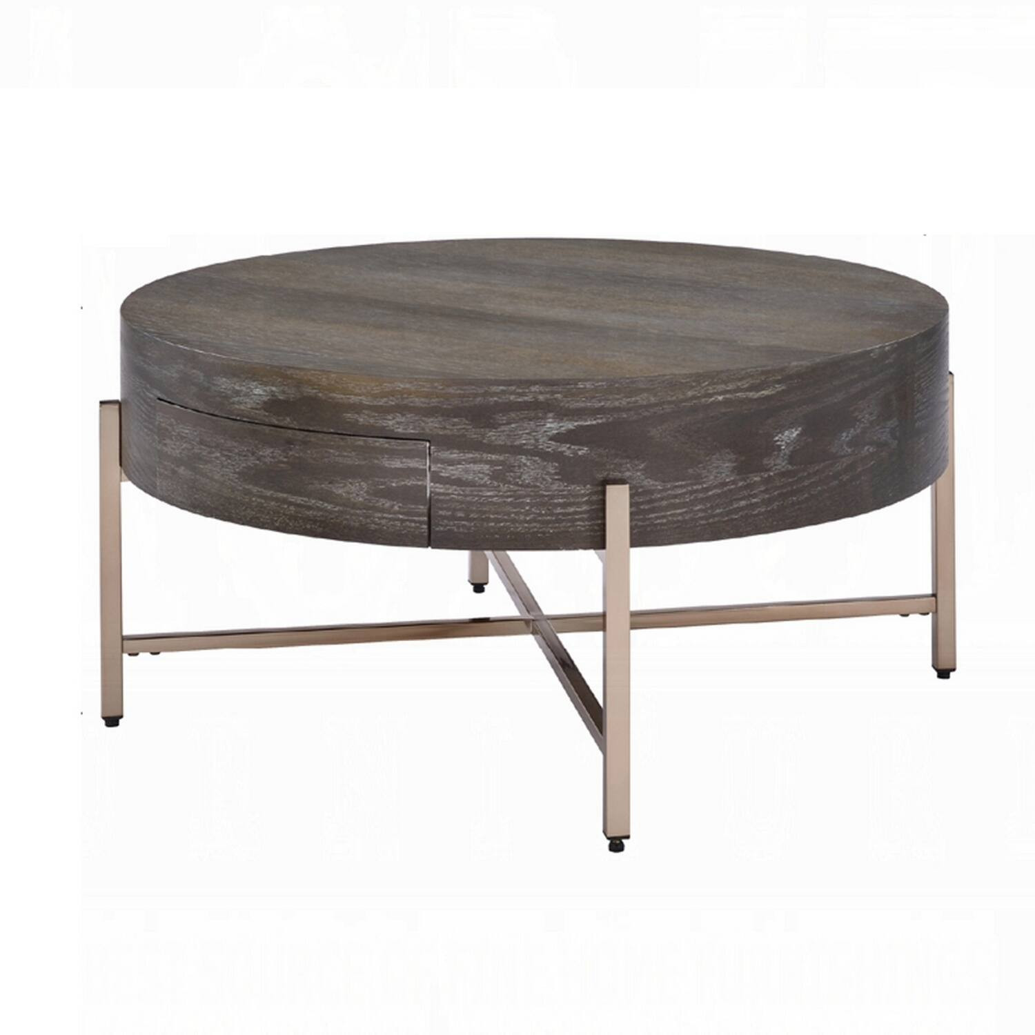 Manhattan Lane - 1 Drawer Round Modern Coffee Table with Crossed Metal Legs - Brown, Gold | Best Buy U.S.