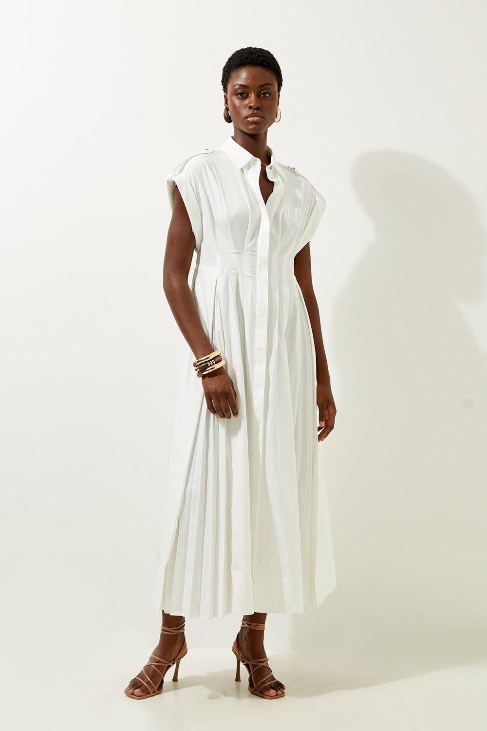 Cotton Poplin Pleat Insert Drama Woven Maxi Shirt Dress | Karen Millen UK + IE + DE + NL