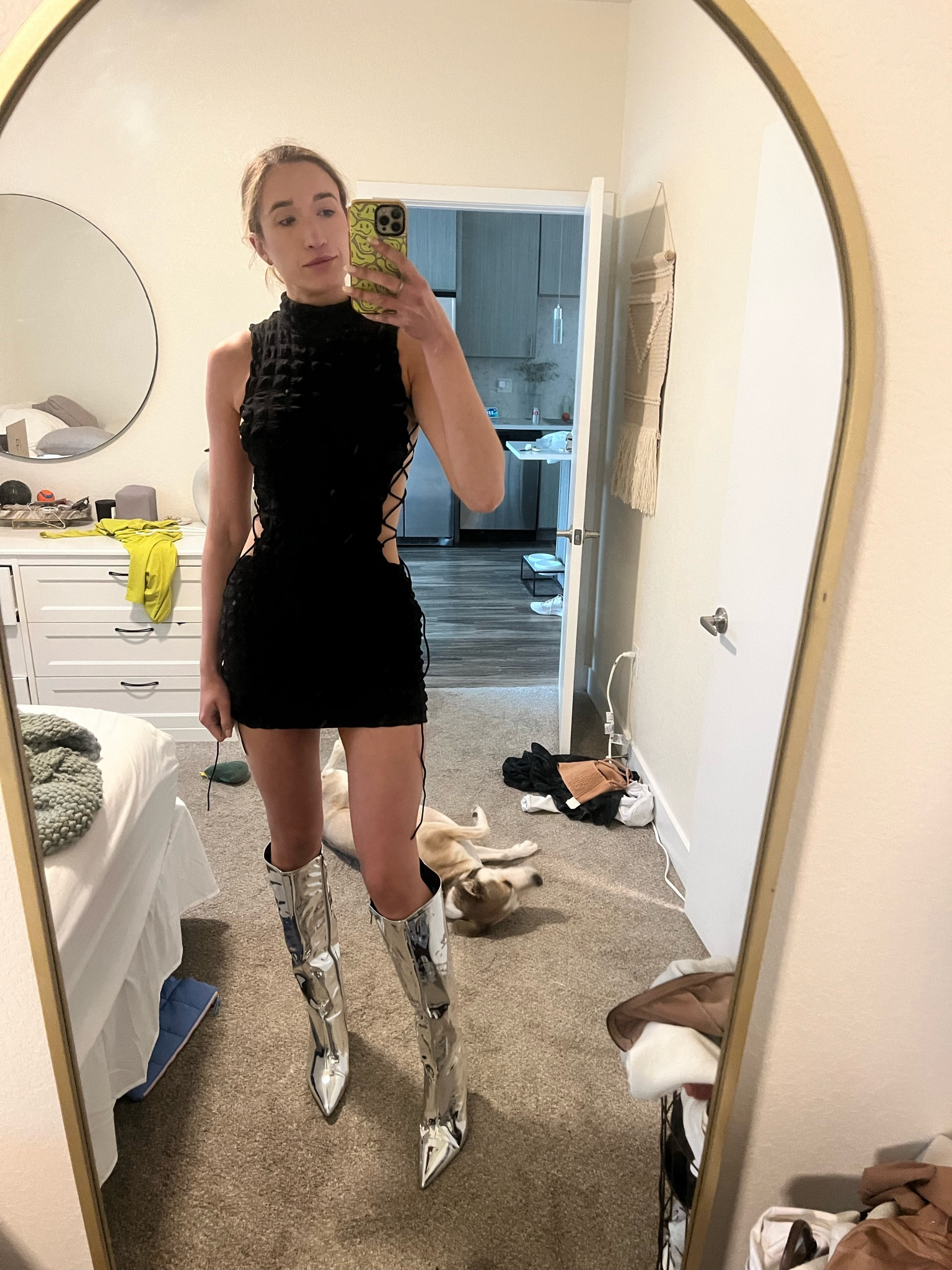 Going out outfit little black dress waffle dress metallic boots

#LTKunder100 #LTKunder50