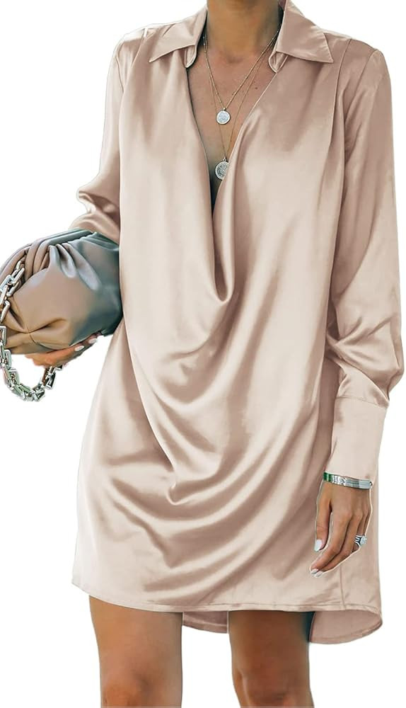 CTU Satin Dress for Women Collar V Neck Drape Ruched Front Long Sleeve Going Out Mini Dresses | Amazon (US)