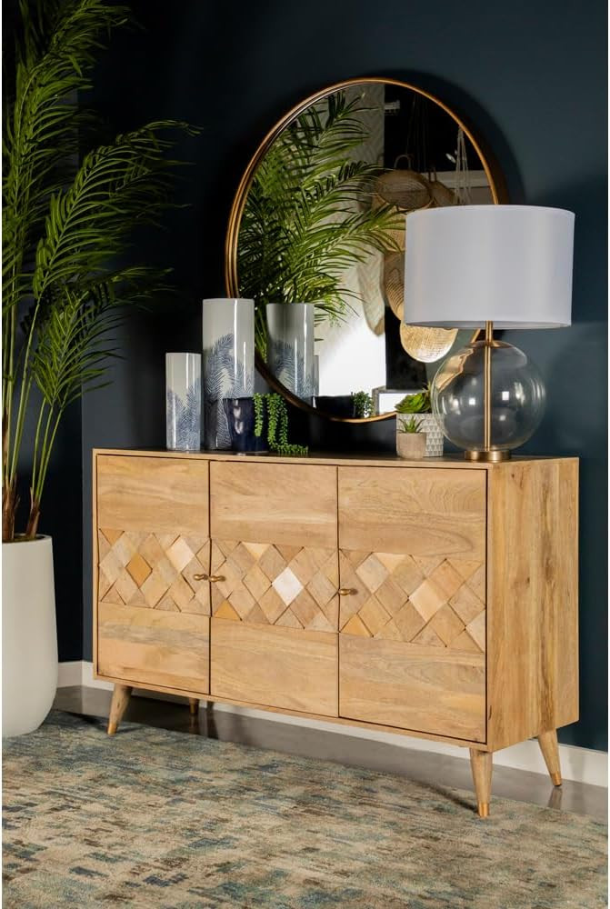 Natural Checkered Pattern 3 Door Accent Cabinet | Amazon (US)