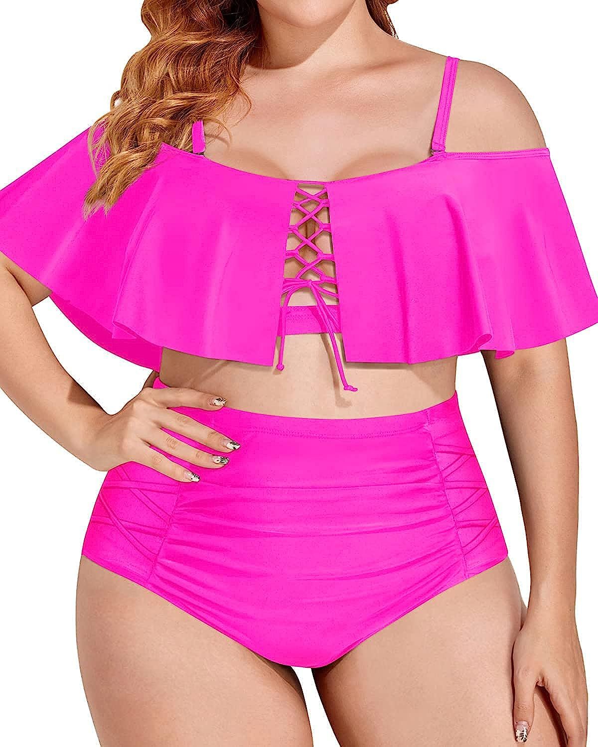 Daci Women Plus Size Two Piece Swimsuits High Waisted Bikini Sets Lace Up Flounce Tummy Control B... | Amazon (US)