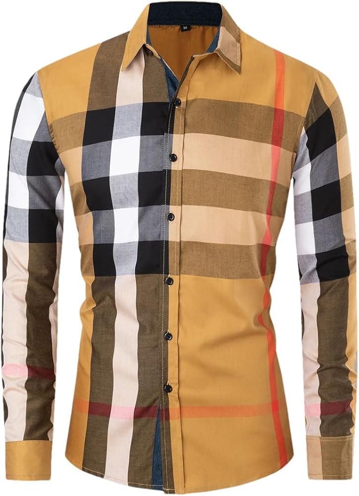 Men's Fashion Contrast Plaid Shirt Long Sleeve Casual Business Cotton Buttons Up Dress Shirts | Amazon (US)
