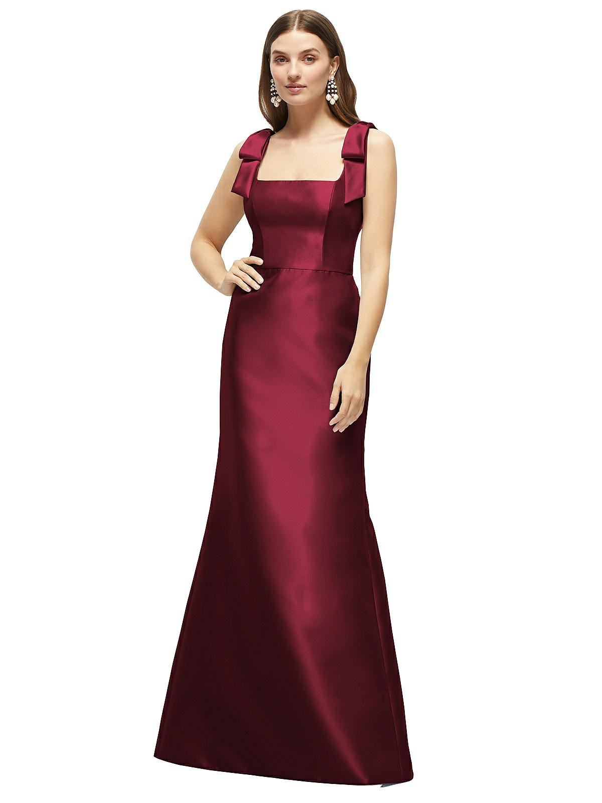Satin Fit and Flare Maxi Dress with Shoulder Bows in Cabernet | Dessy Group