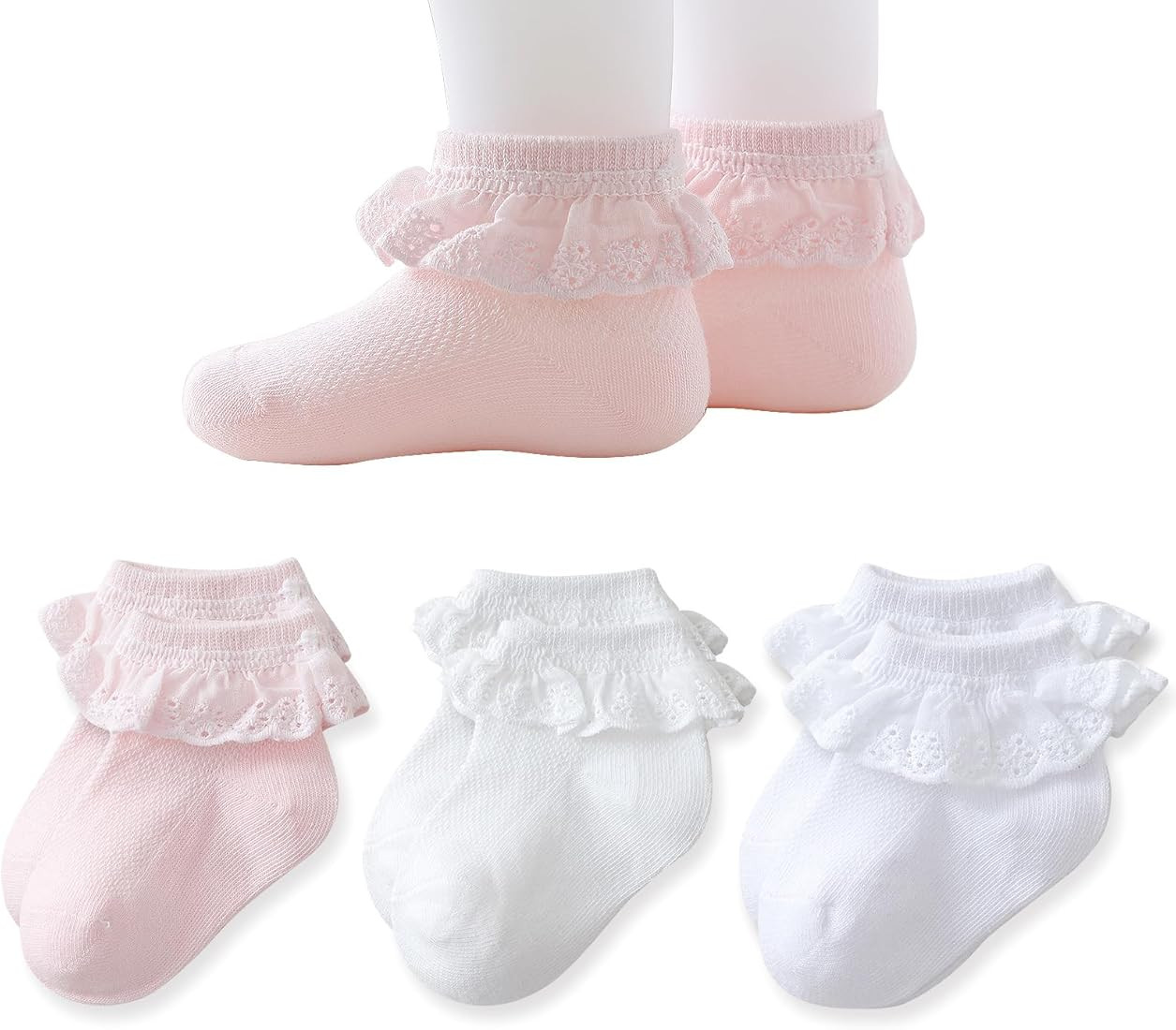 EPEIUS Baby Lace Socks Newborn Girl Eyelet Ruffle Socks Infant Toddler Dress Crew Socks 0-6/6-12/... | Amazon (US)