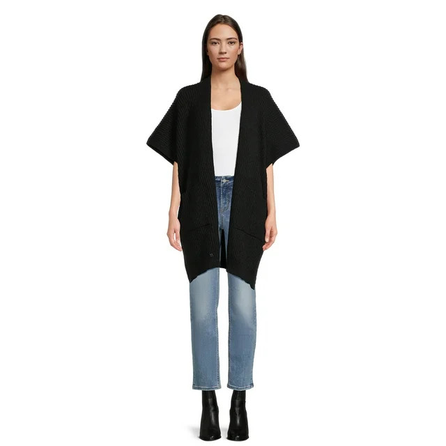 Time and Tru Women's Ribbed Sweater Cape with Pockets, One Size, Black Soot | Walmart (US)