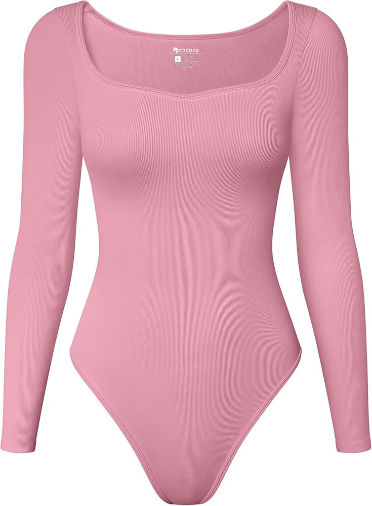 OQQ Women Bodysuit Contrast-Trim Square Neck Long Sleeve Stretch Bodysuit Tops | Amazon (US)