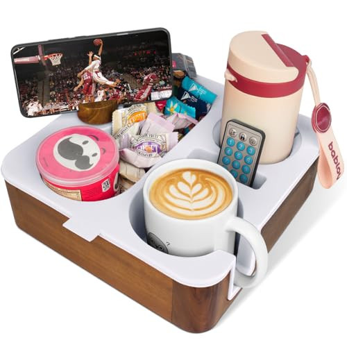 Couch Buddy Couch Cup Holder Tray, Real Acacia Wooden Caddy with Soft Silicone, Snack and Drink Organizer- Perfect Movie Night Accessories for Bed, Remote and Cup Holders for Sofa (White) | Amazon (US)