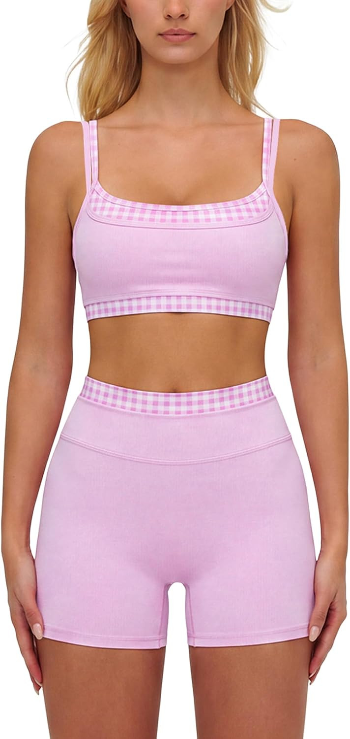 ABOCIW Layered Workout Sets for Women 2 Piece Polka Dot Sports Bra High Waist Shorts Gym Active Yoga Pilates Outfits | Amazon (US)