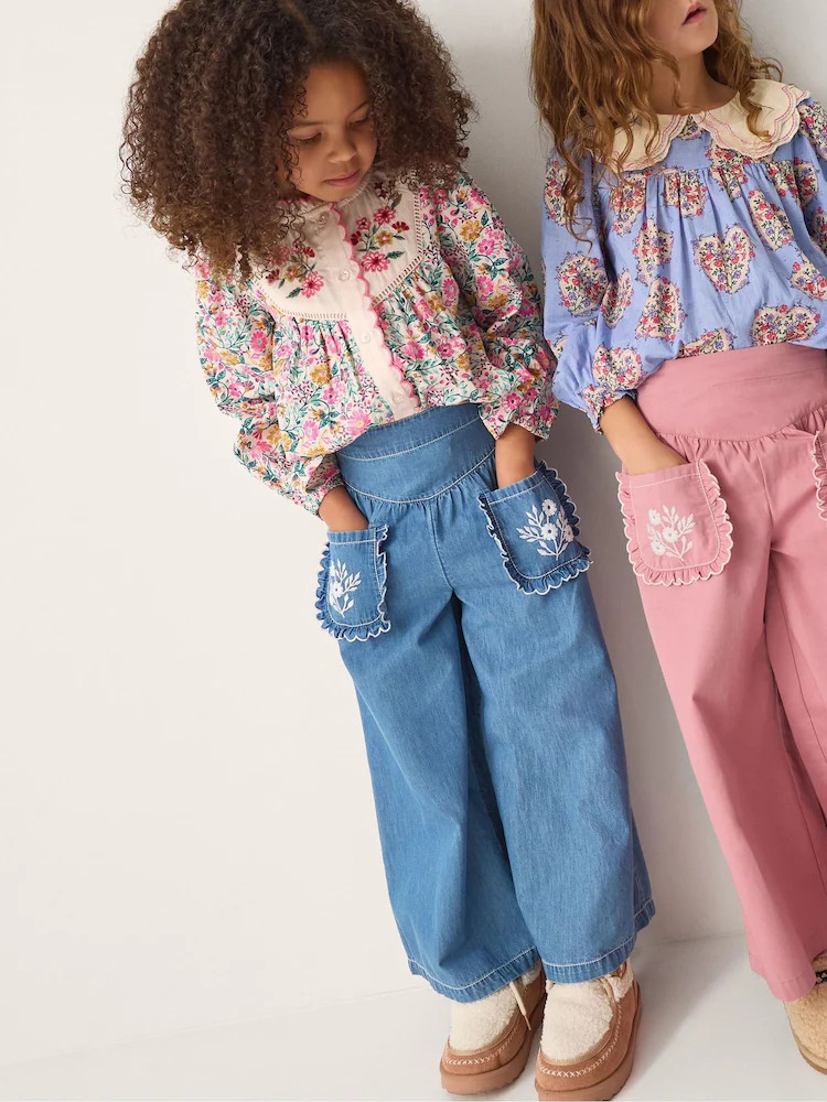 Monsoon Blue Embroidered Pocket Chambray Trousers | Next US