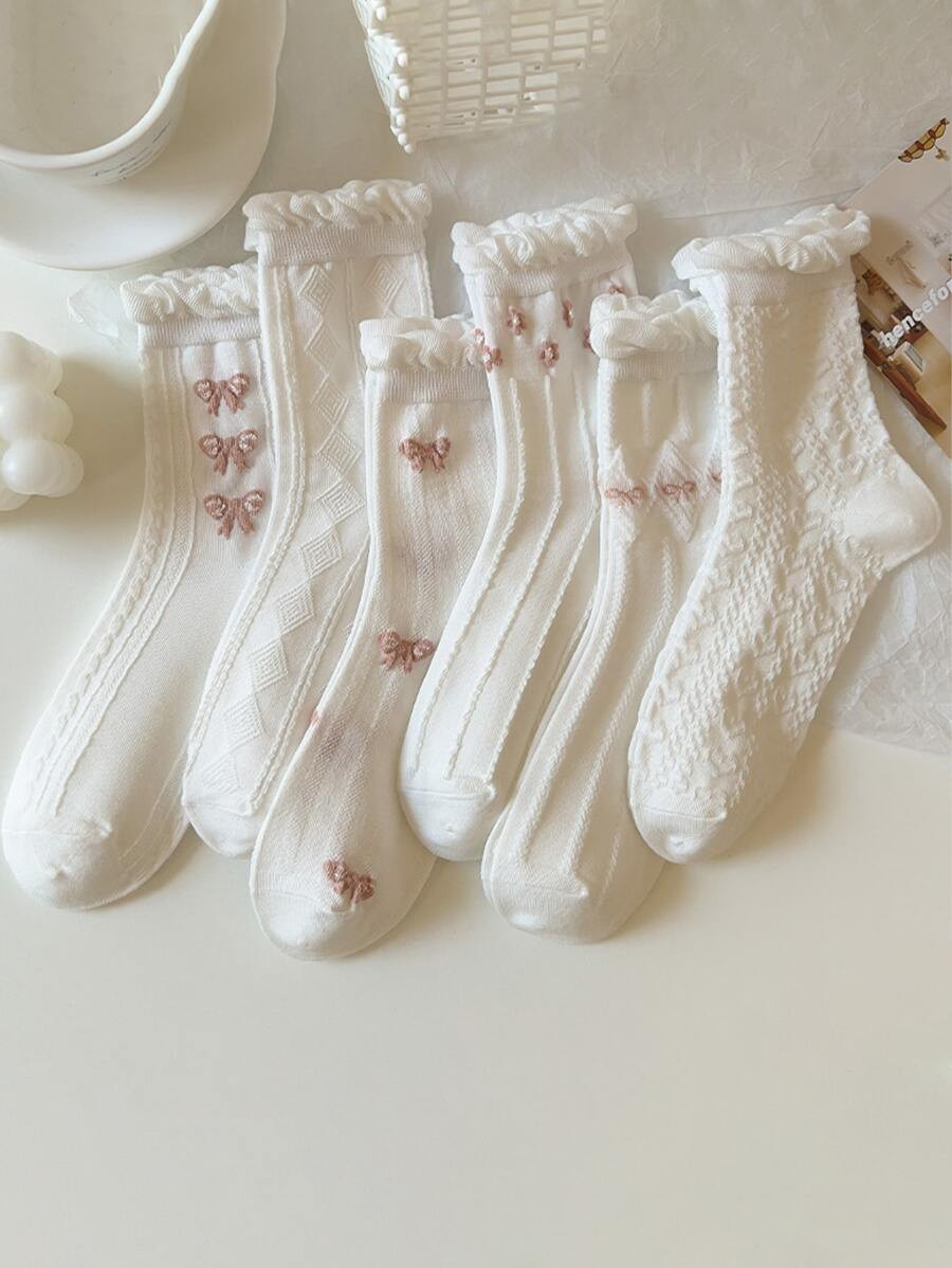 5 pairs of women's spring and summer thin white lace bubble mouth bow mid-tube socks ins trendy a... | SHEIN