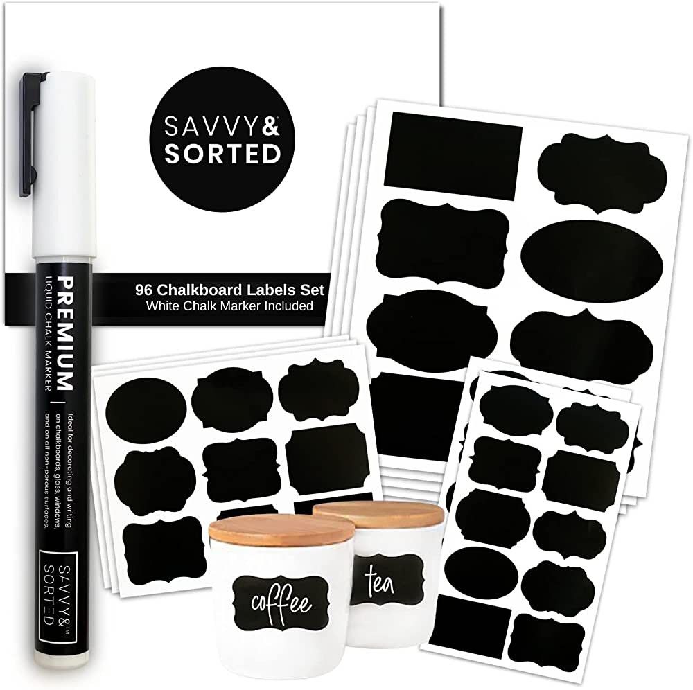 SAVVY & SORTED Chalkboard Labels Stickers + White Chalk Pen | 96 Chalkboard Labels for Jars | Cha... | Amazon (US)