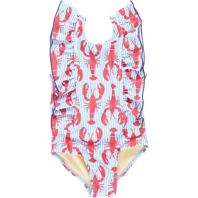 Katniss Full Ruffle Shoulder Print Suit, Lobster Stripe | Maisonette