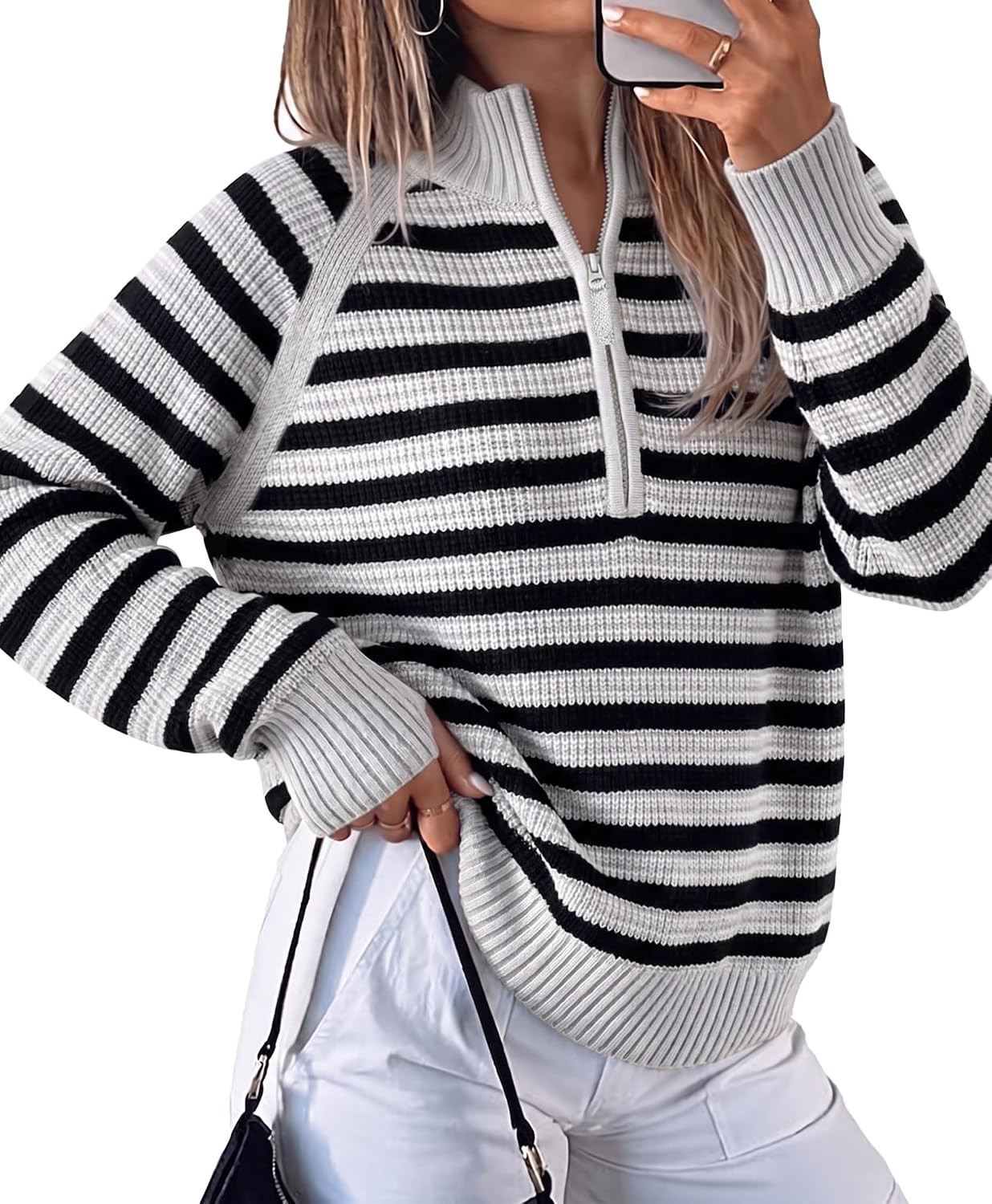 Fisoew Sweaters for Women Half Zip Striped Pullover Ribbed Knit Tops | Amazon (US)