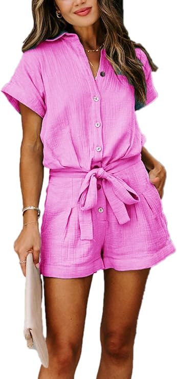 Paintcolors Women's Summer Short Sleeve Button Down Pockets Belted Elastic Waist Solid Color Jump... | Amazon (US)