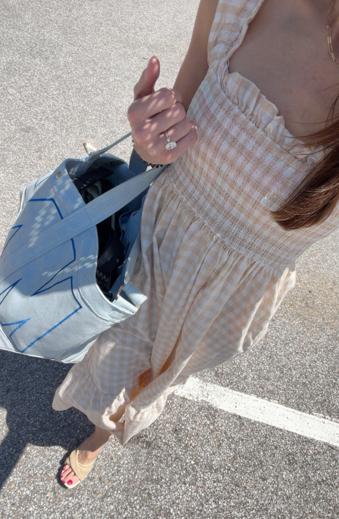 Amazon gingham summer dress
Target sandals 
Beach bag
