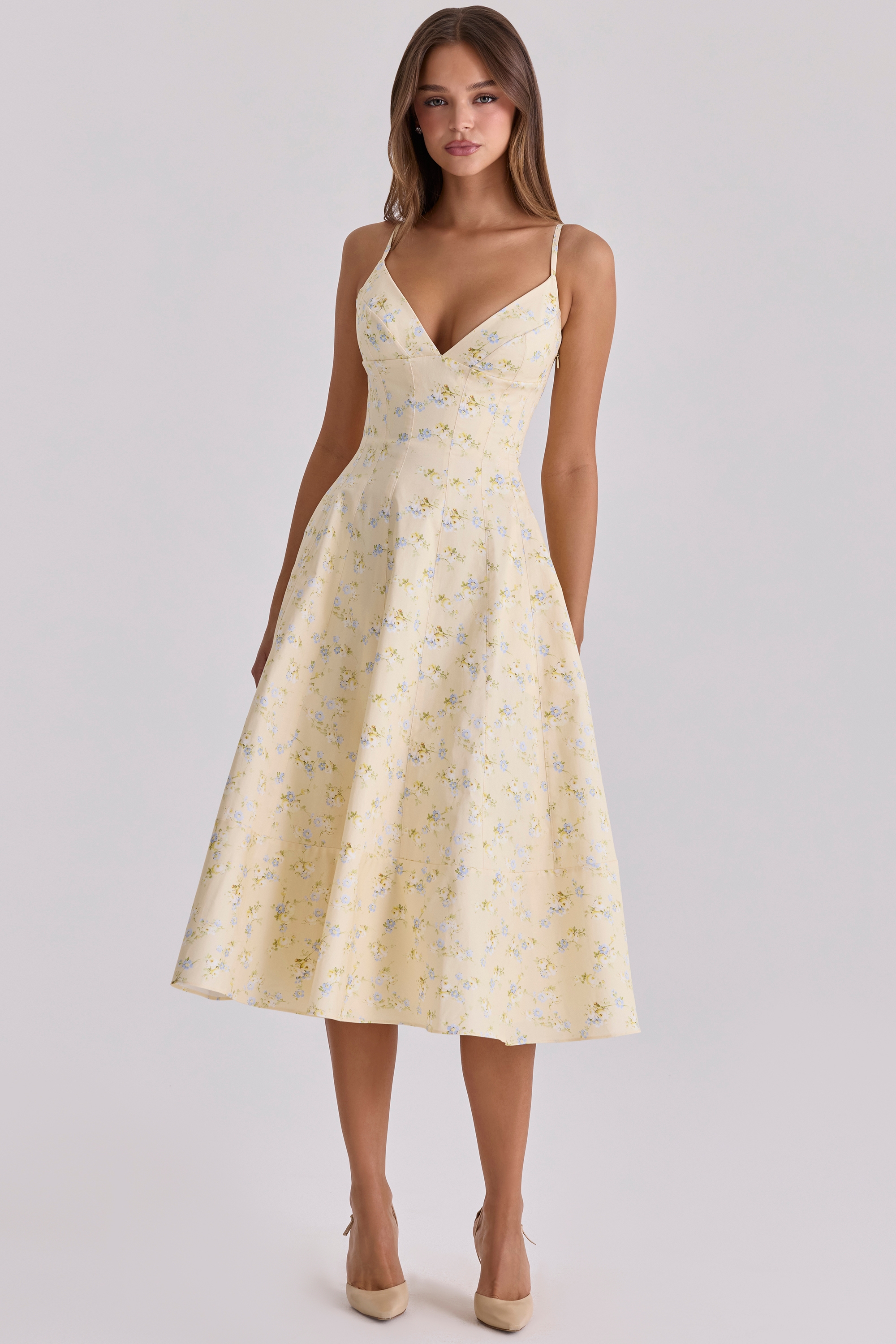 lemon floral print strappy cotton midi sundress | House of CB