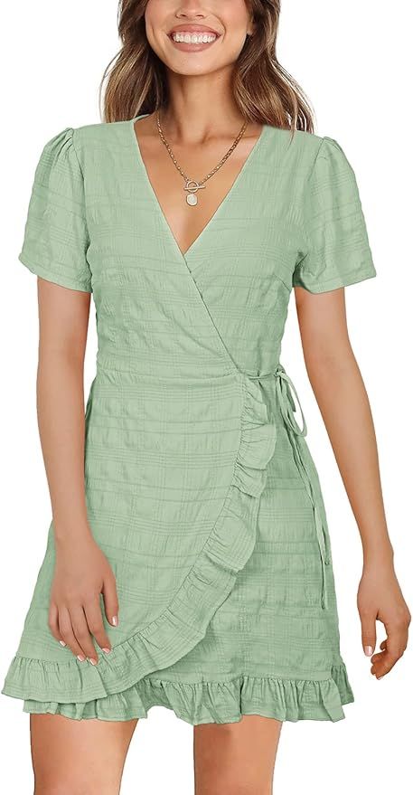 Jescakoo Women's Summer Casual Wrap V Neck Dress with Ruffle Hem | Amazon (US)