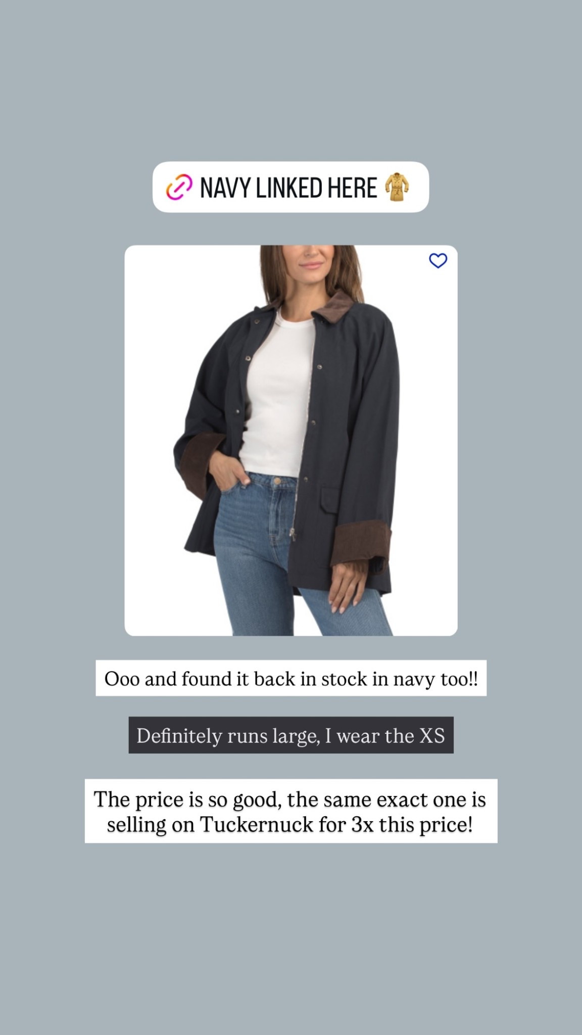 Ooo and found it back in stock in navy too!! The price is so good, the same exact one is selling on Tuckernuck for 3x this price! Definitely runs large, I wear the XS