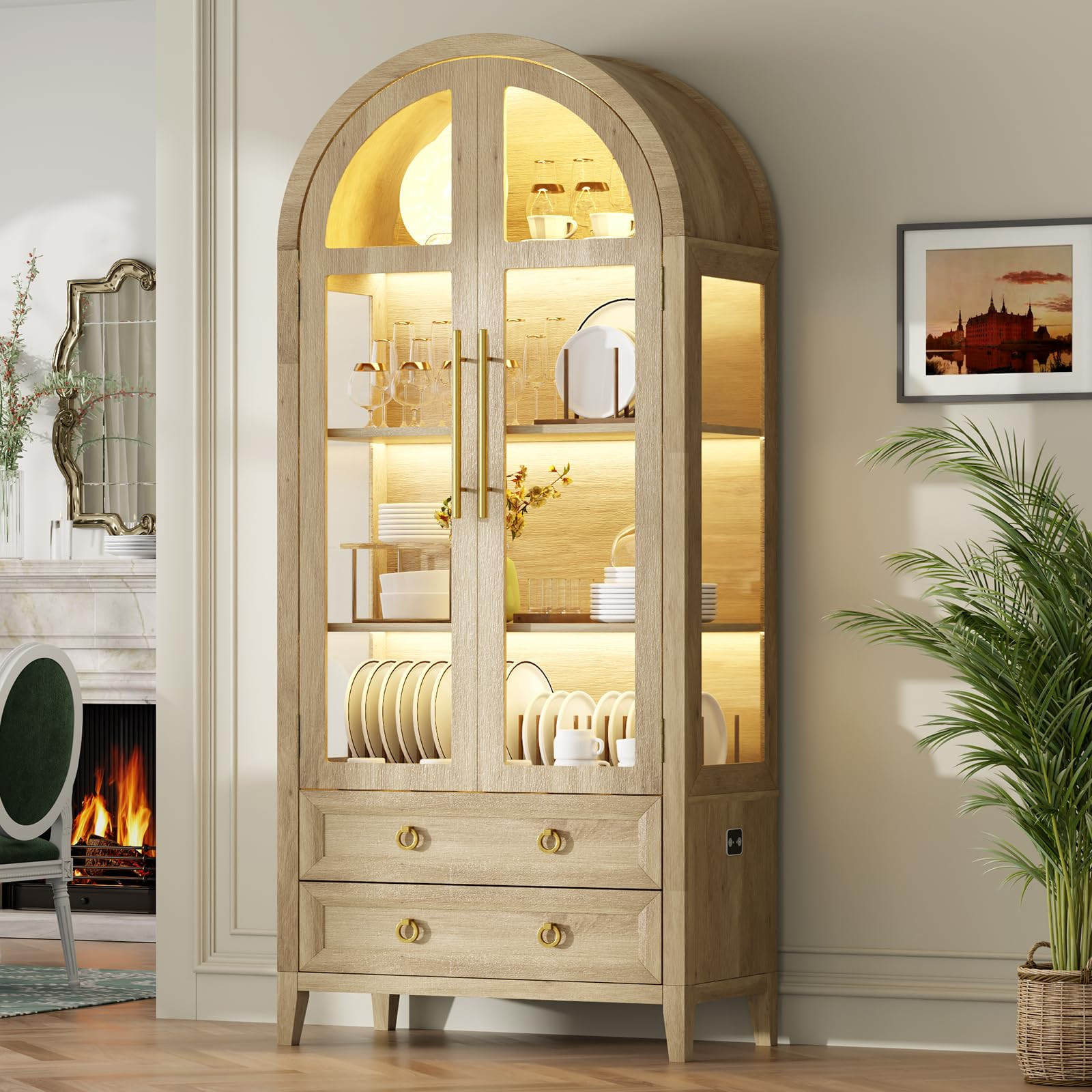 Vlsrka 71" Arched Curio Cabinet with Glass Doors, 4-Shelves Display Cabinet and 2 Drawers, Displa... | Amazon (US)