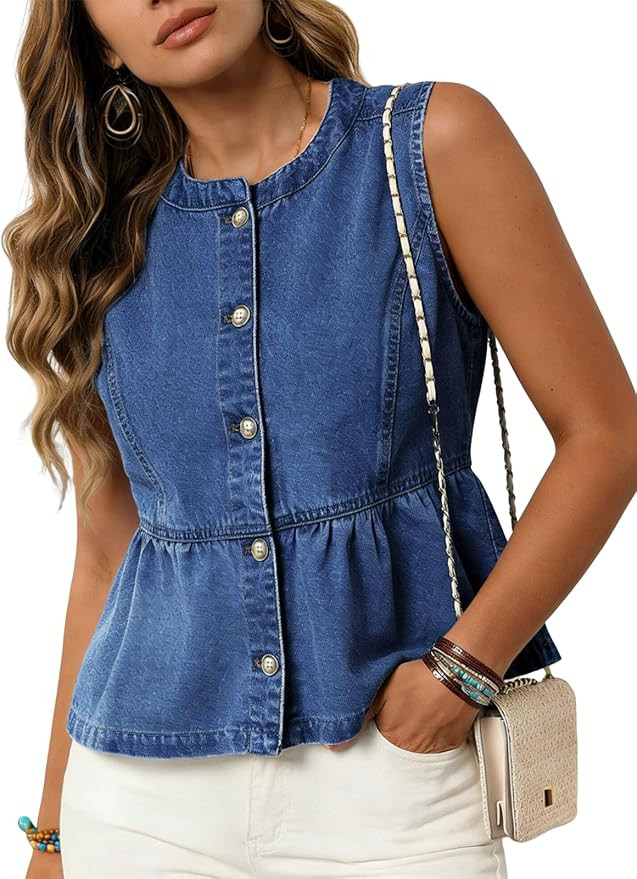 Denim Vest For Women 2026 Trendy Casual Sleeveless Button Down Jean Vest Tops | Amazon (US)