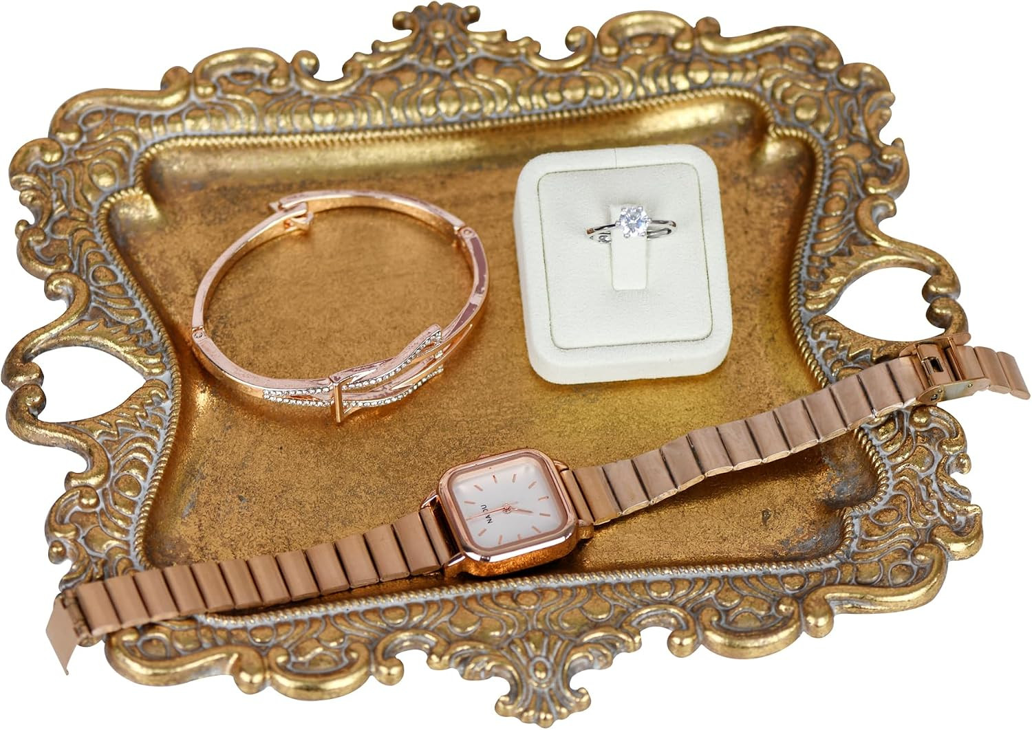 Funly mee Vintage Metal Gold Jewelry Tray Ring & Necklace Holder -8 x 7in | Amazon (US)