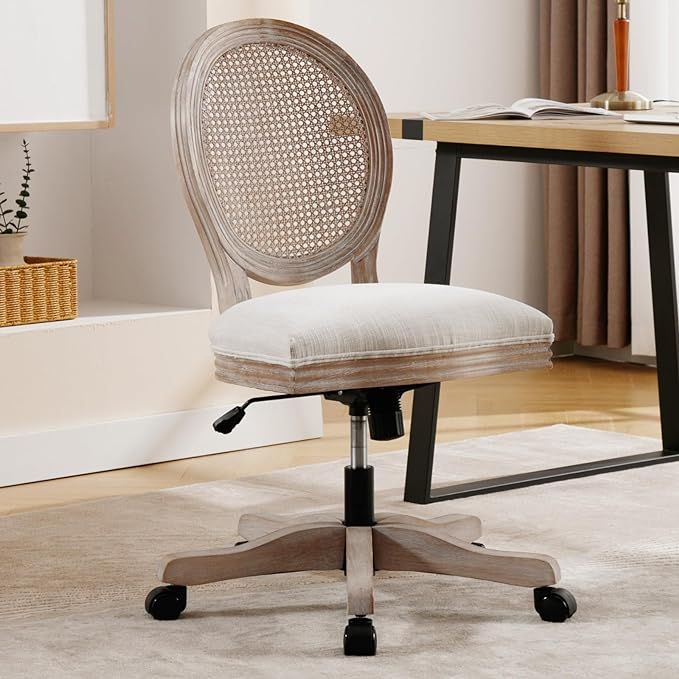 LukeAlon Rattan Back Linen Office Chair, Adjustable Height Swivel Task Chair with Wood Frame Arml... | Amazon (US)