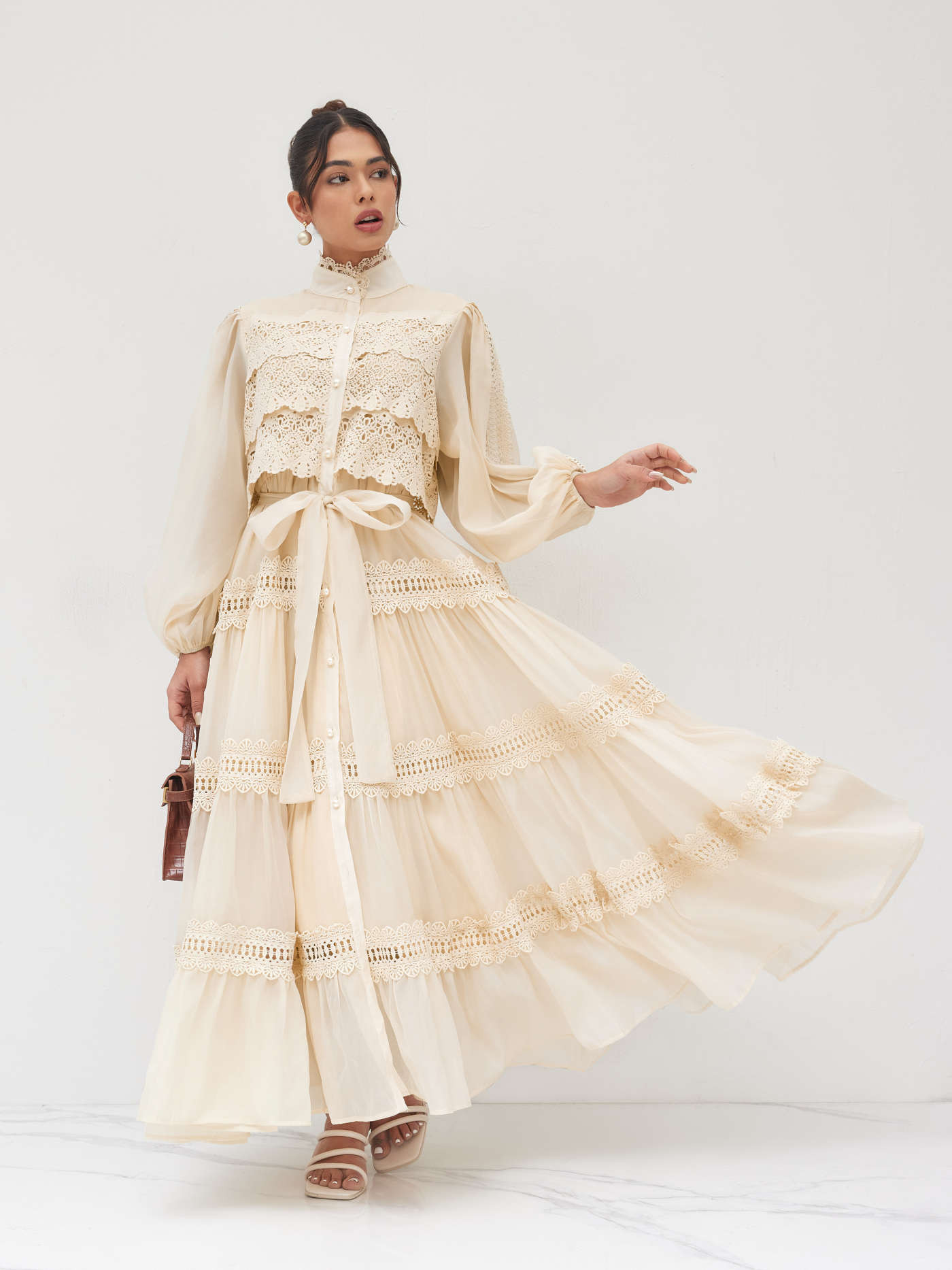 Chiffon High Neck Guipure Pearl Button Maxi Dress | Cider