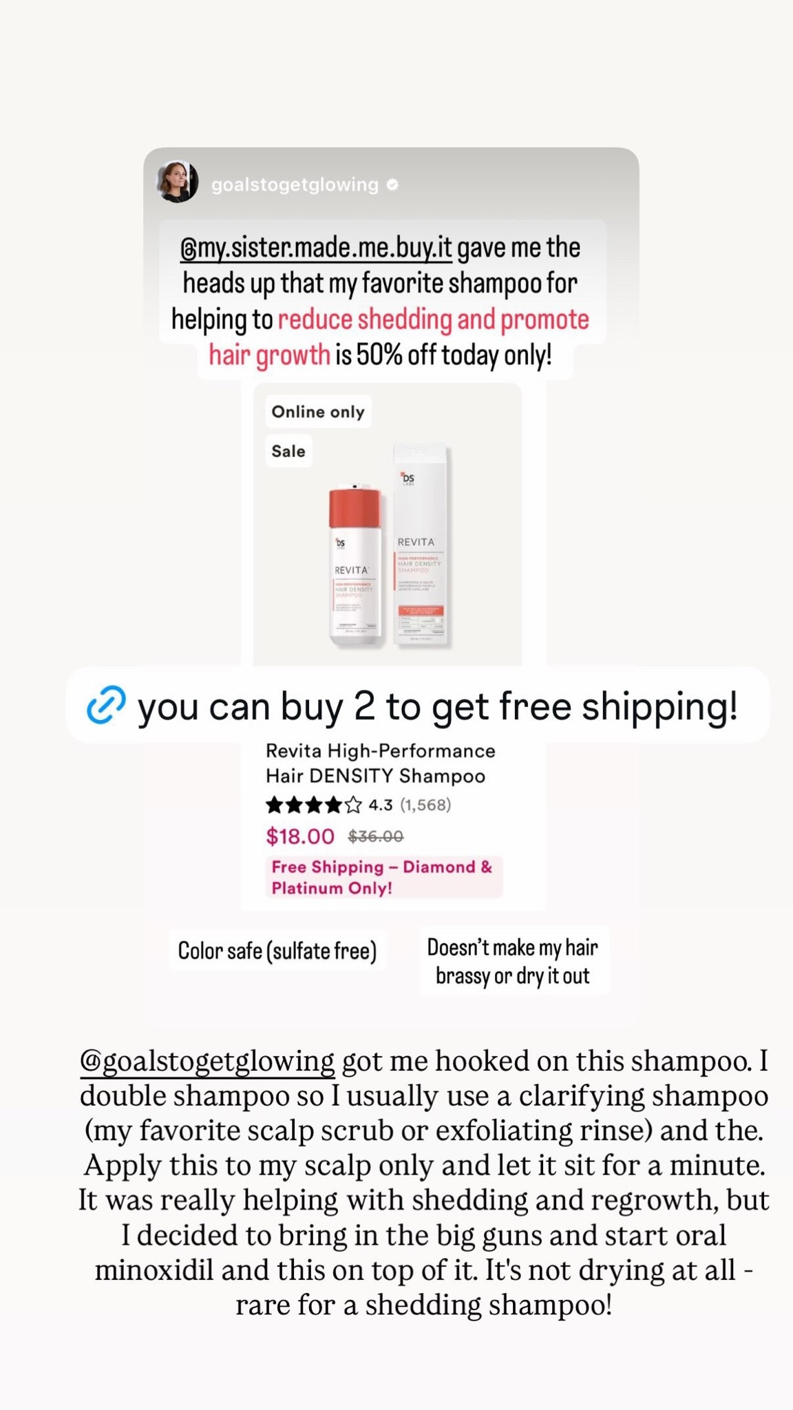 50% OFF TODAY ONLY! This is my absolute favorite shampoo to reduce hair shedding and promote regrowth. It doesn’t dry my hair out (which is rare for an anti-shedding shampoo) and is color-safe and sulfate-free. More pricey than drugstore shampoo but 100% worth it IMO, so if you’re looking to try it out and target shedding and regrowth, today’s the day!

#LTKSaleAlert #LTKBeauty #LTKselfcare