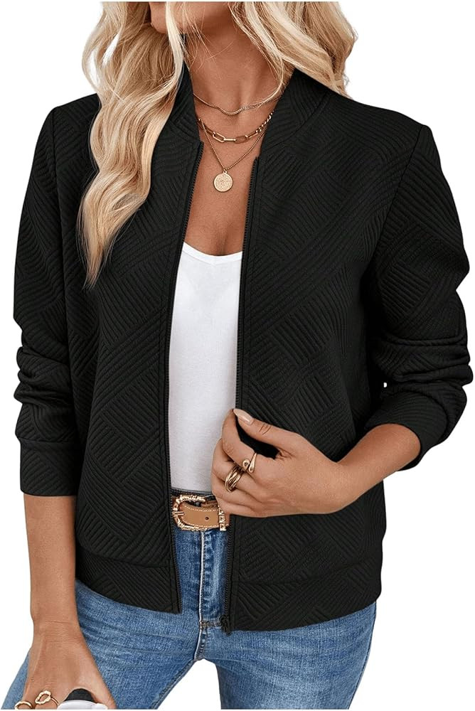 Verdusa Women's Zip Up Bomber Jacket Casual Long Sleeve Textured Lightweight Coat Fall Outfits | Amazon (US)