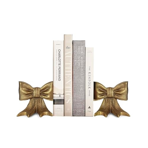 Remenna Gold Bow Metal Bookends Set of 2 Heavy Duty Cast Iron Book Ends for Heavy Books Unique Modern Decorative Book Holders for Shelves Home Accent Decor | Amazon (US)