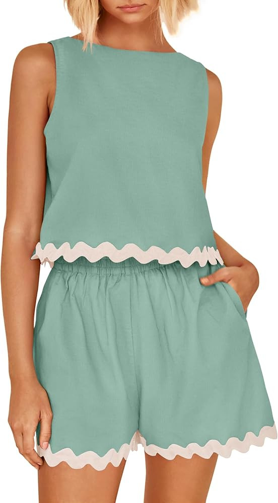 ZESICA Women's 2024 Summer 2 Piece Outfits Set Linen Lace Trim Crewneck Tank Crop Top and Shorts ... | Amazon (US)
