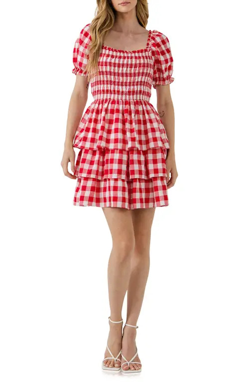 English Factory Gingham Smocked Minidress in Red at Nordstrom, Size Small | Nordstrom