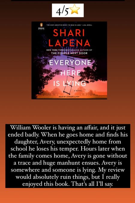 62. Everyone here is Lying by Shari Lapena :: 4/5⭐️. William Wooler is having an affair, and it just ended badly. When he goes home and finds his daughter, Avery, unexpectedly home from school he loses his temper. Hours later when the family comes home, Avery is gone without a trace and huge manhunt ensues. Avery is somewhere and someone is lying. My review would absolutely ruin things, but I really enjoyed this book. That’s all I’ll say. 

#LTKTravel #LTKHome