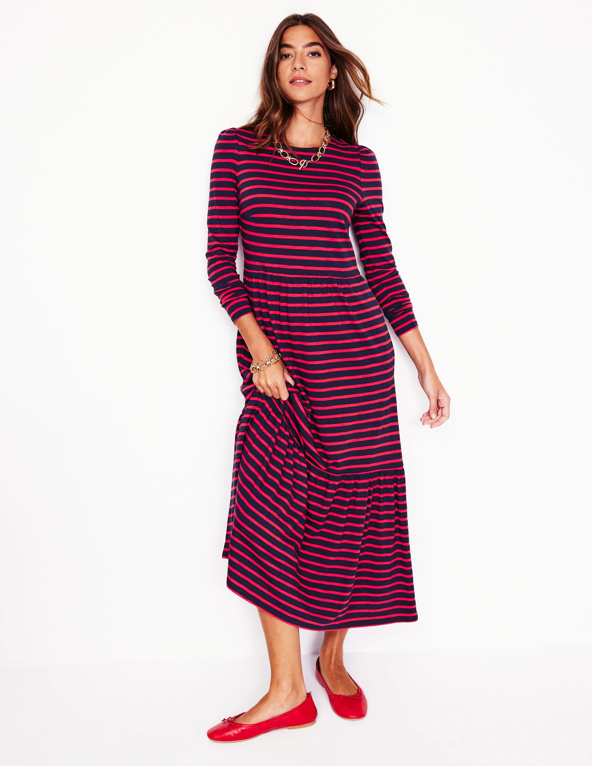 Emma Long Sleeve Jersey Dress-Navy, Rouge Stripe | Boden (US)