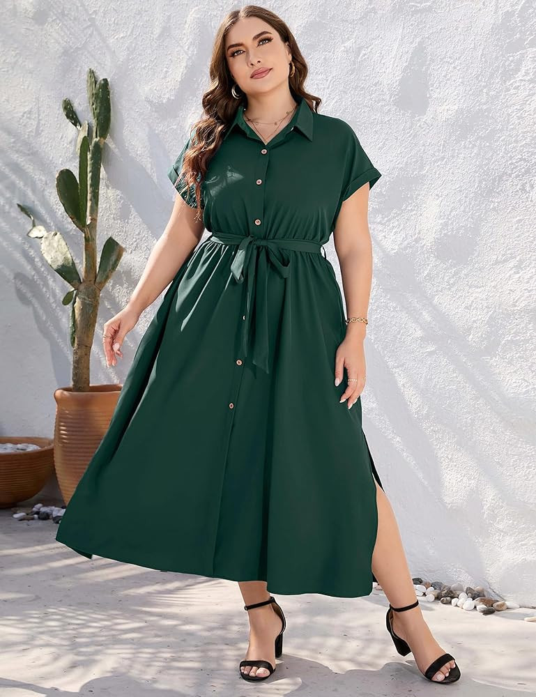 Plus Size Maxi Dresses for Women Summer Tie Belt Work Polo Dress Business Casual Button Down Dress | Amazon (US)