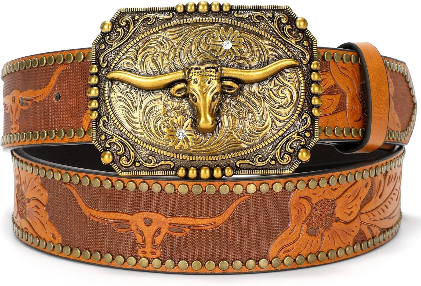Cowboy Western Belt for Men Women, Cowgirl Country Floral Engraved Leather Belts with Longhorn Bu... | Amazon (US)