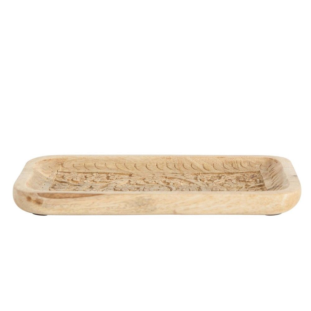 10" x 6" Handcarved Mango Wood Tray with Intricate Floral Designs Natural - 3R Studios | Target