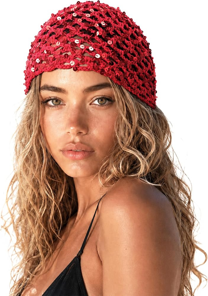 Handmade Sequin Crochet Hat for Women, Summer Beanie Skull Cap | Amazon (US)