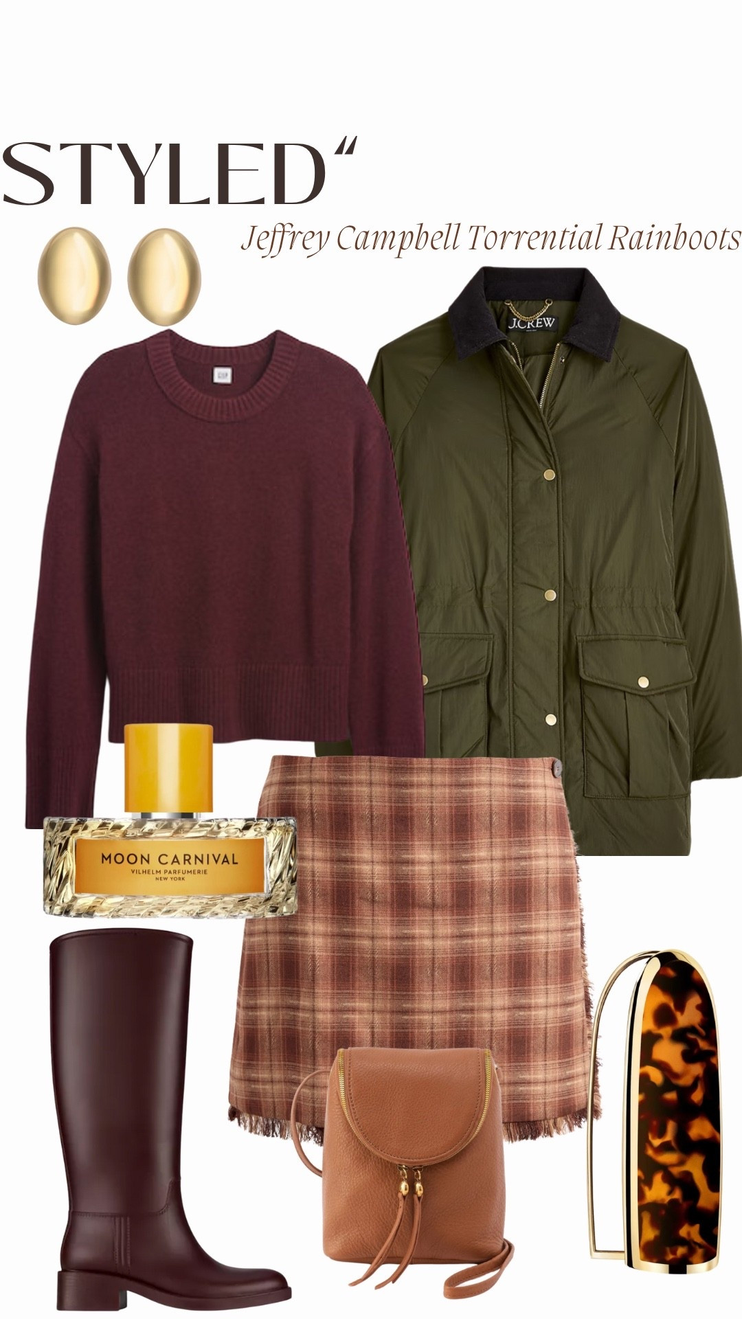 “Styled” 
Jeffrey Campbell Torrential Rain Boots

Crewneck Sweater: GAP Factory
Barn Jacket: J.Crew
Brown Plaid Miniskirt: Ways x Sara Walker
Saddle Bag: HOBO (Fern Saddle Bag)
Gold Drop Earrings: Jennifer Zeuner (Donni Drop Earrings)
Moon Carnival Perfume: Vilhelm Parfumerie
Customizable Lipstick Case: Guerlain

#LTKShoeCrush #LTKSeasonal #LTKWorkwear