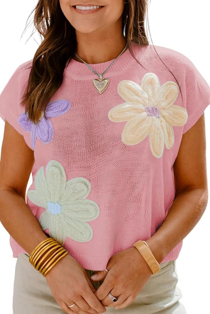 Women's Crochet Floral Short Sleeve - Boho Cap Sleeve Knit Top | Amazon (US)