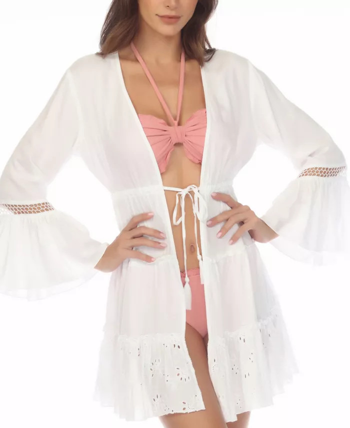 Women's Lace-Inset Tie-Front Tiered Swim Cover-Up | Macy's
