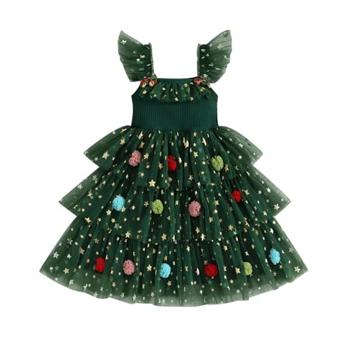 Toddler Christmas Dress Xmas Tree Glitter Star Pompom Embroidery Tulle Tiered Twirl Holiday Dresses Cake Smash Photo (Green, 12-18 Months) | Amazon (US)