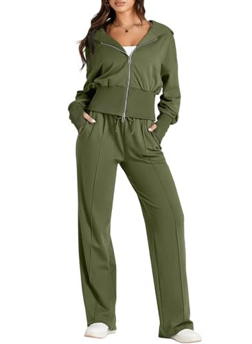 Herseas Womens Pickle Green Travel Sets for Women Clothes 2024 Winter Casual Outfits Set Zip Up Cropped Hoodies and Wide Leg Pants Activewear Travel Outfits X-Large 16 18 | Amazon (US)