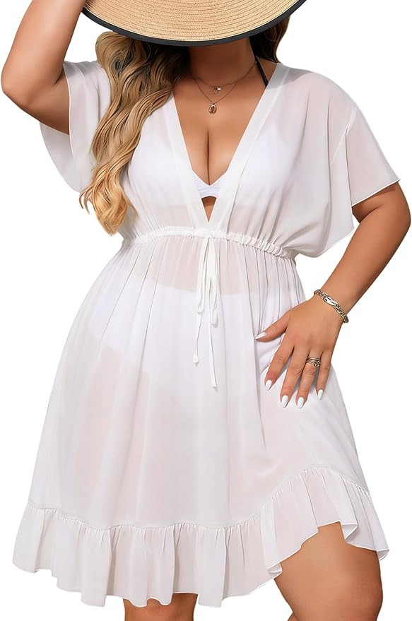 SWOMOG Plus Size Women Swimsuit Cover Up V Neck Short Sleeve Beachwear Bikini Bathing Suit Cover ... | Amazon (US)