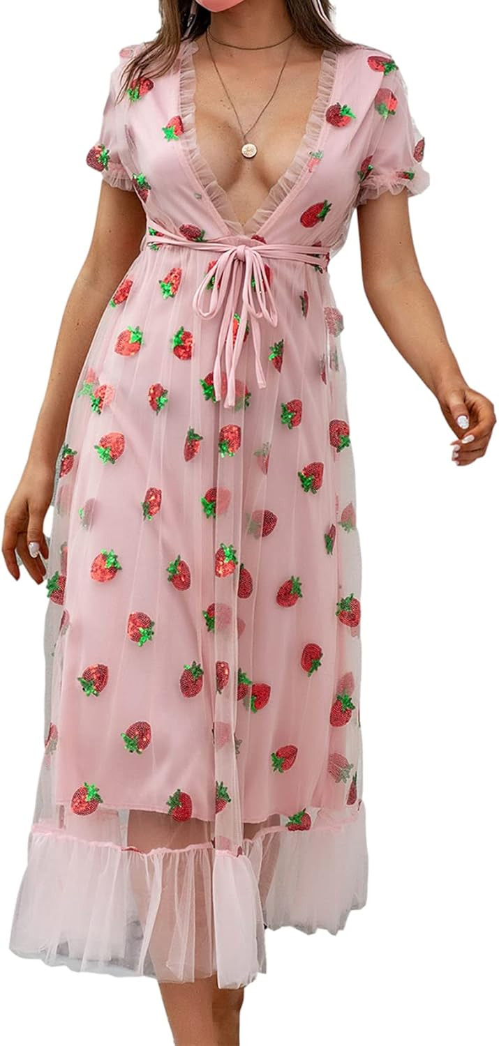 Mialoley Women Sequin Embroidered Strawberry Cocktail Dress Lace Up Mesh Yarn Plunge V Neck A-lin... | Amazon (US)