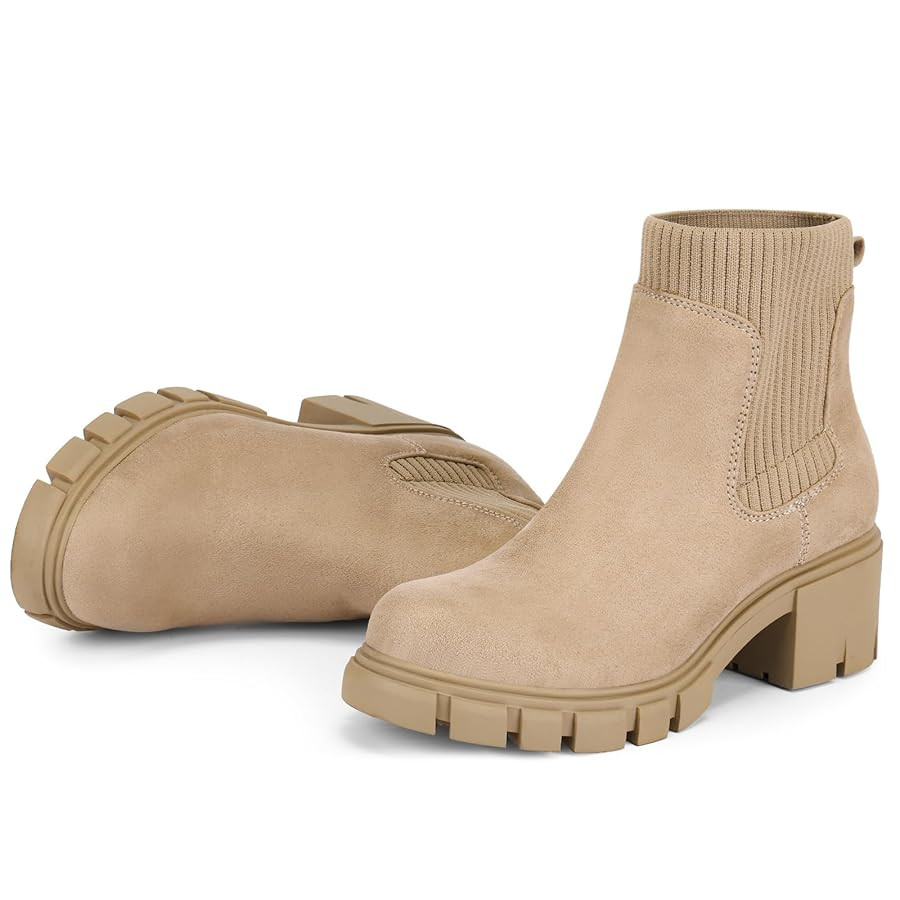 FITORY Womens Chelsea Boots, Elastic Ankle Booties with Chunky Mid Heel and Lug Sole, Comfy Trend... | Amazon (US)